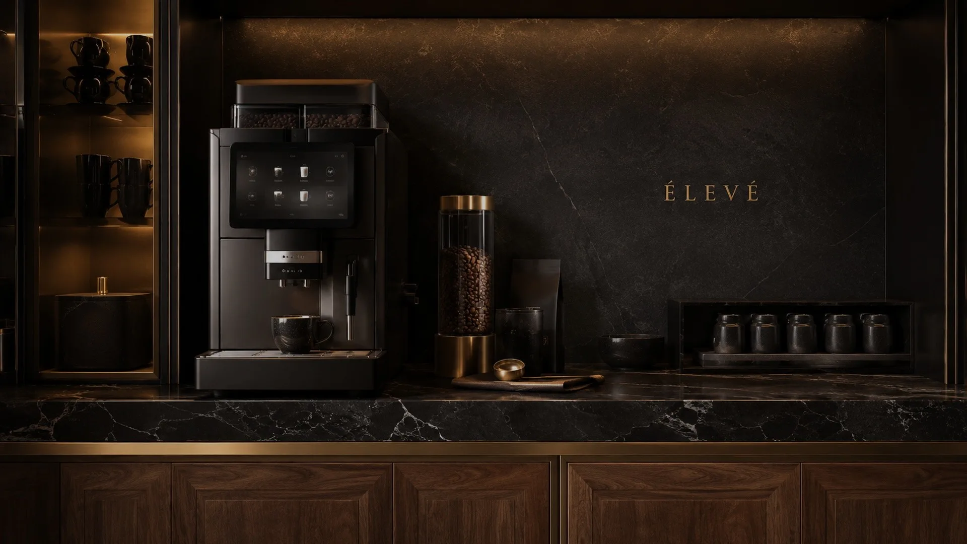 ÉLEVÉ coffee equipment with connected controls on black marble