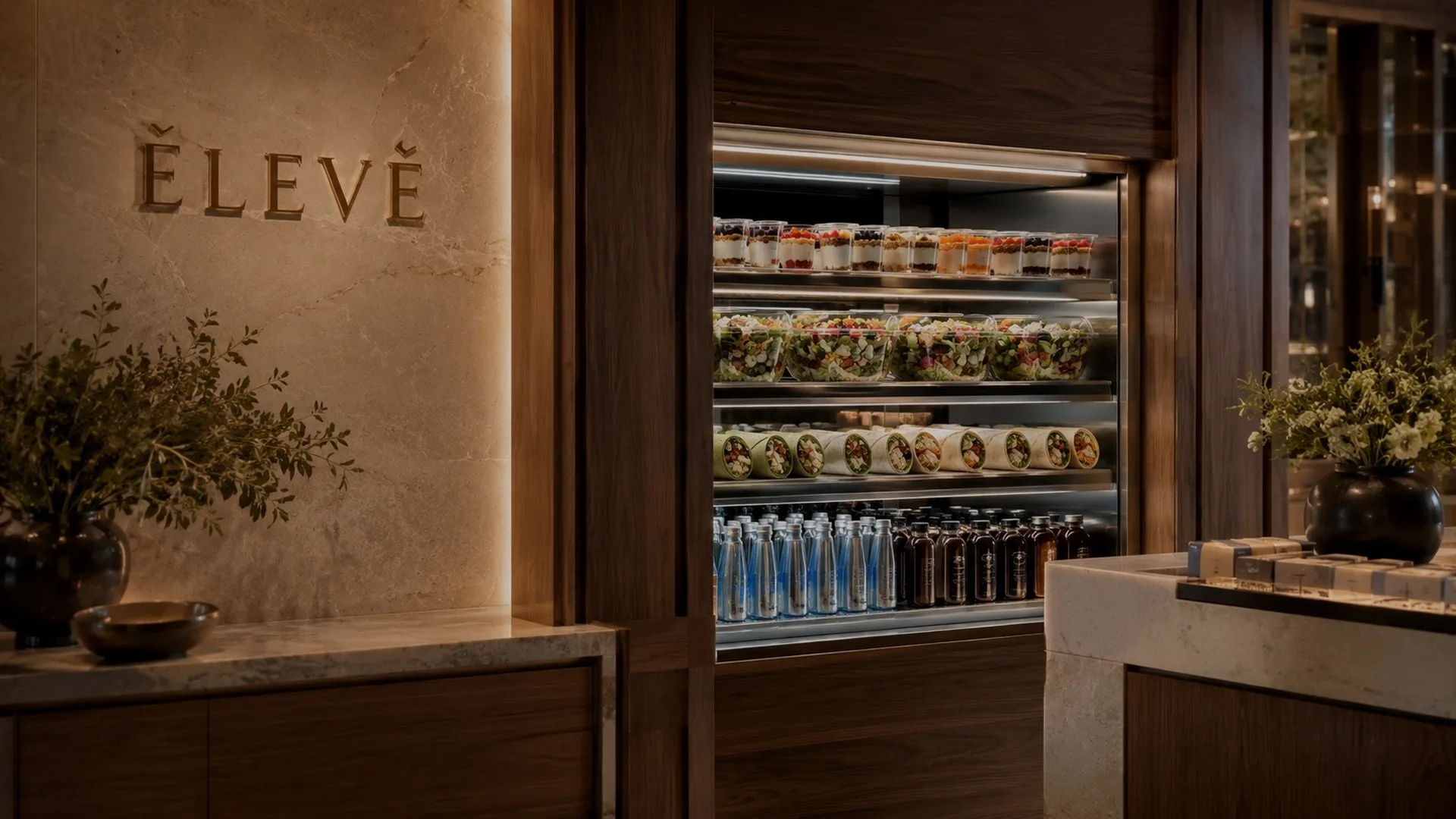 ÉLEVÉ sign in warm stone beside a fresh food display