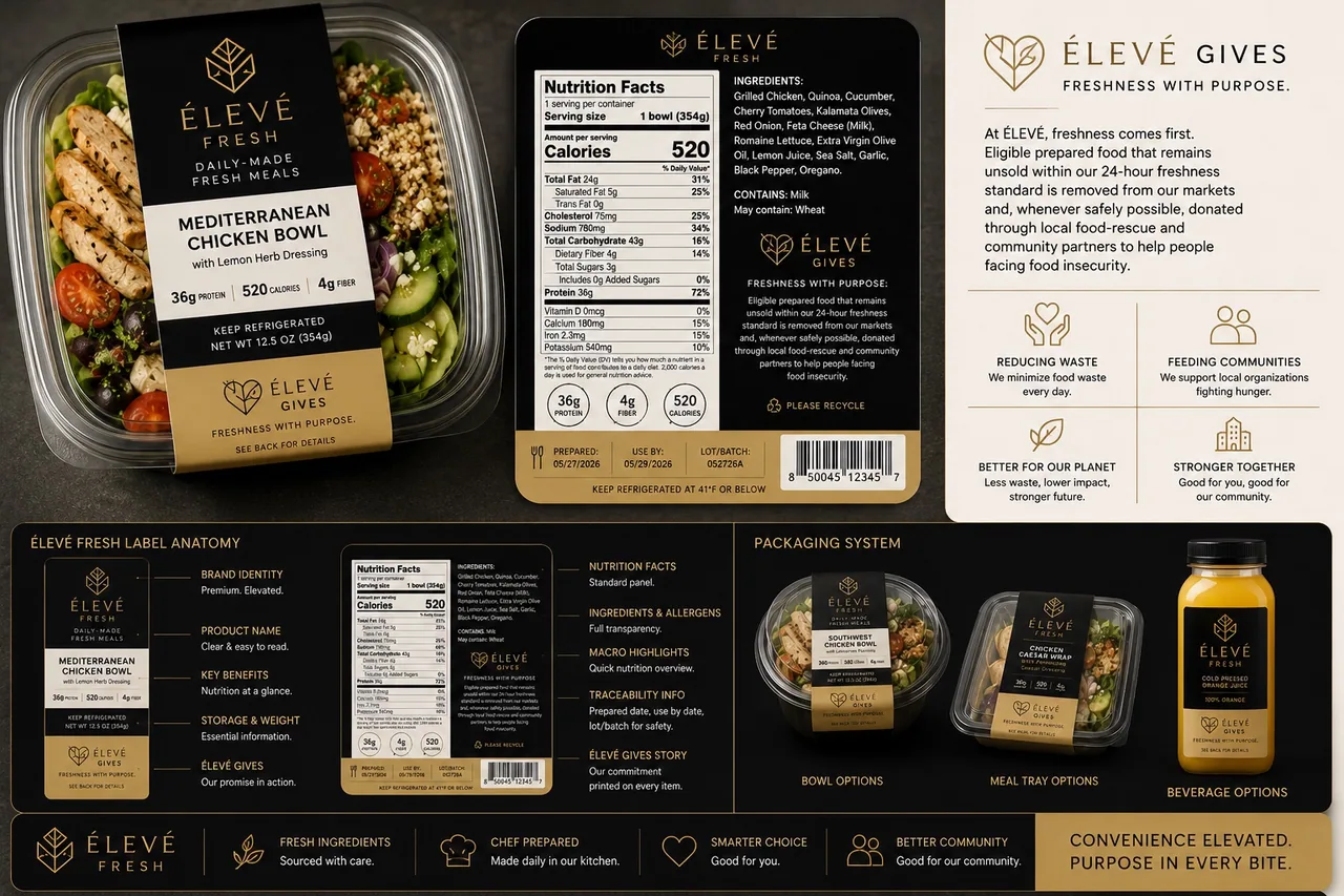 ÉLEVÉ Fresh packaging with nutrition labeling and the ÉLEVÉ Gives commitment printed on every item