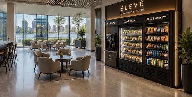ÉLEVÉ station in a waterfront office lobby with lounge seating