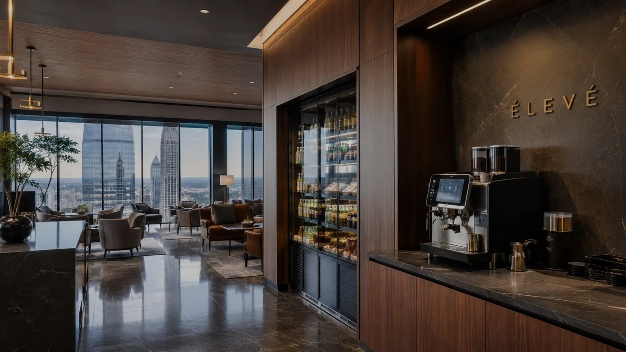 Class A office lounge with an ÉLEVÉ coffee bar and skyline view